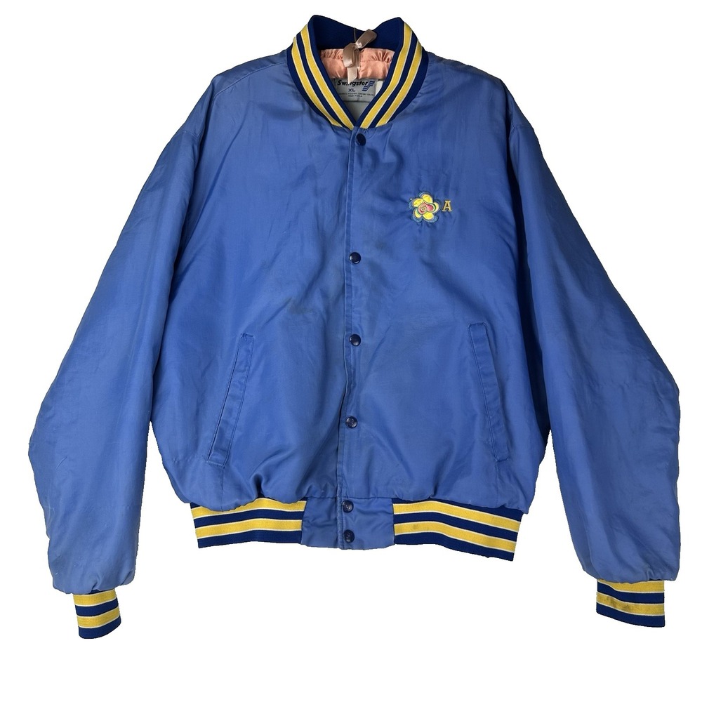 VTG Swingster Satin Bomber Varsity Jacket Blue Yellow Y2K‎ Distressed USA XL